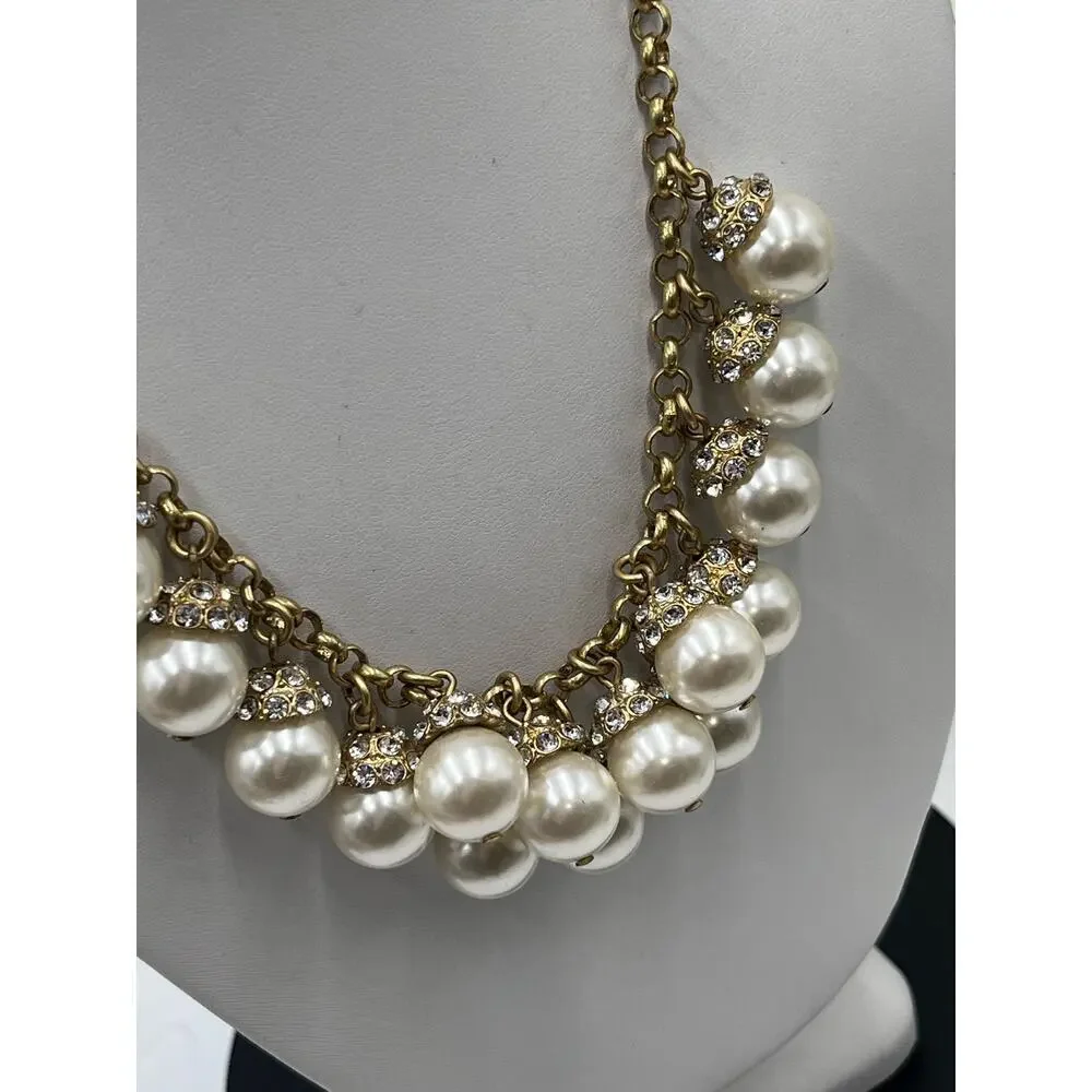 J. Crew Gold-Tone‎ Faux Pearl Rhinestone Dangle Cluster Statement Necklace